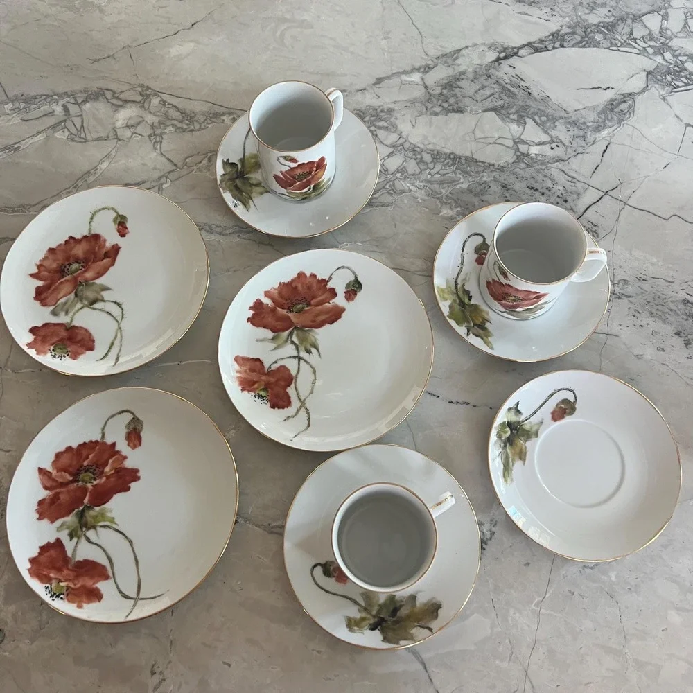 Set of 3 dessert plate, cups & saucers plus bonus- hand painted Poppy‎ in Japan